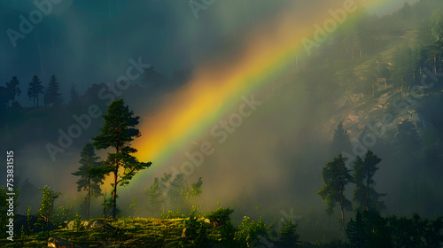 A rainbow emerges from the mist after a summer storm