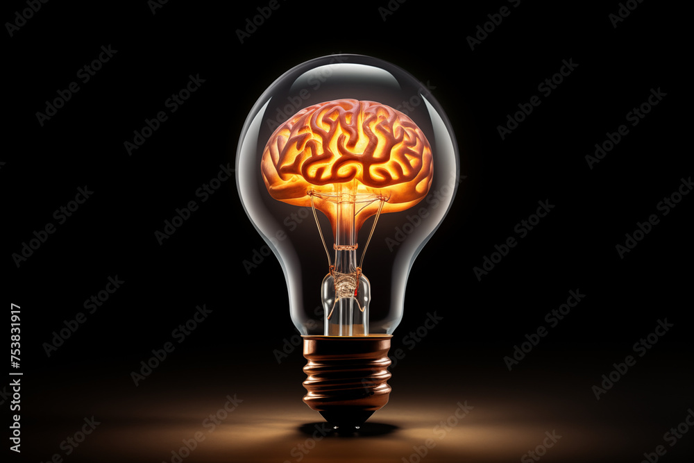 Glowing light bulb against dark backdrop, symbolizing concept of innovation and creativity, with ample copy space.