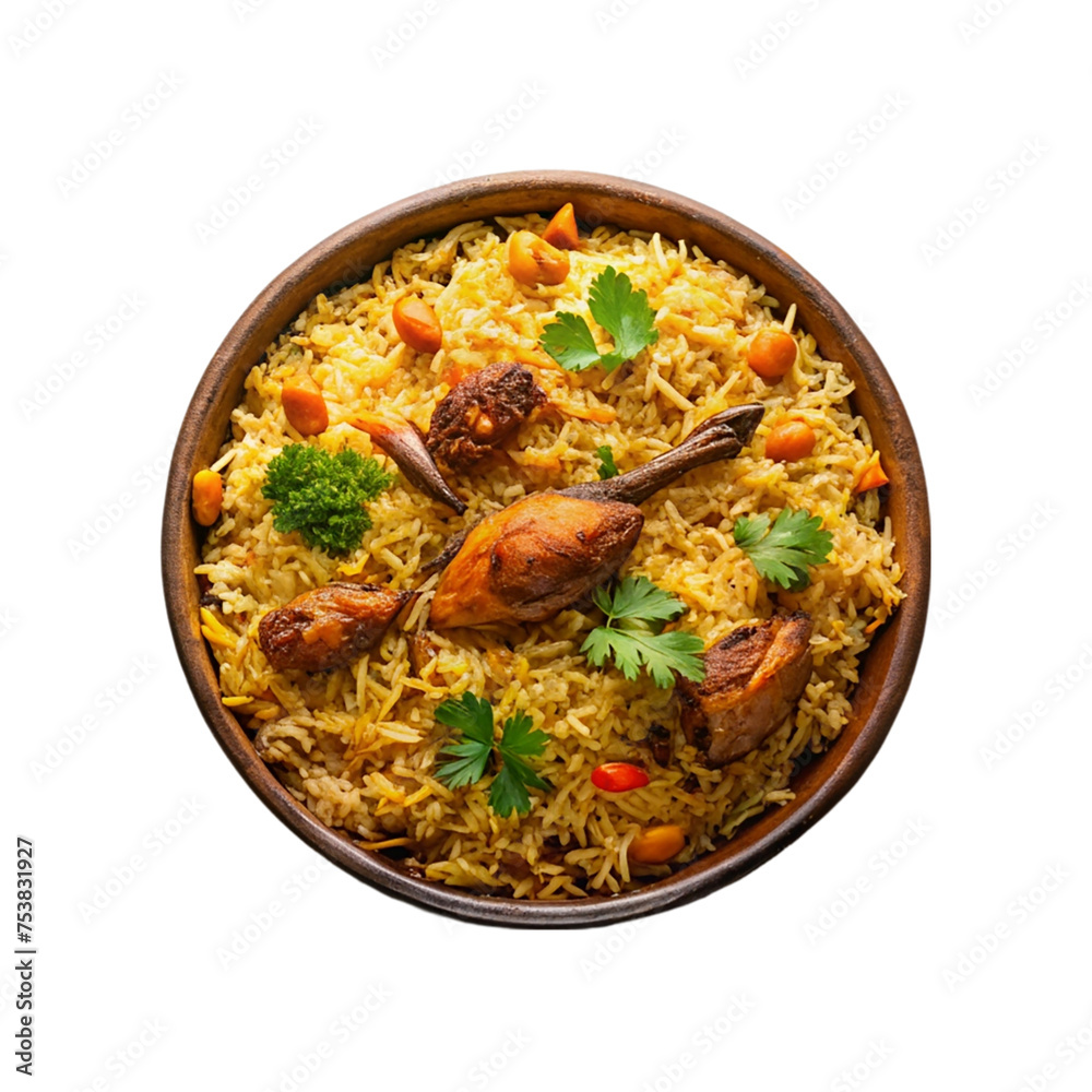 Biryani rice with chicken and spices in bowl isolated on transparent background Biryani rice with chicken and spices in bowl isolated on transparent background