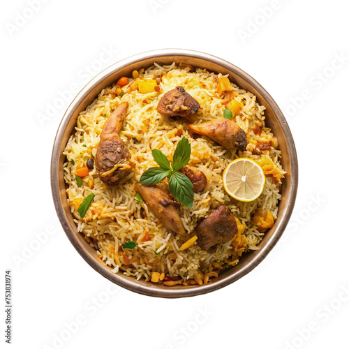 Biryani rice with chicken and spices in bowl isolated on transparent background