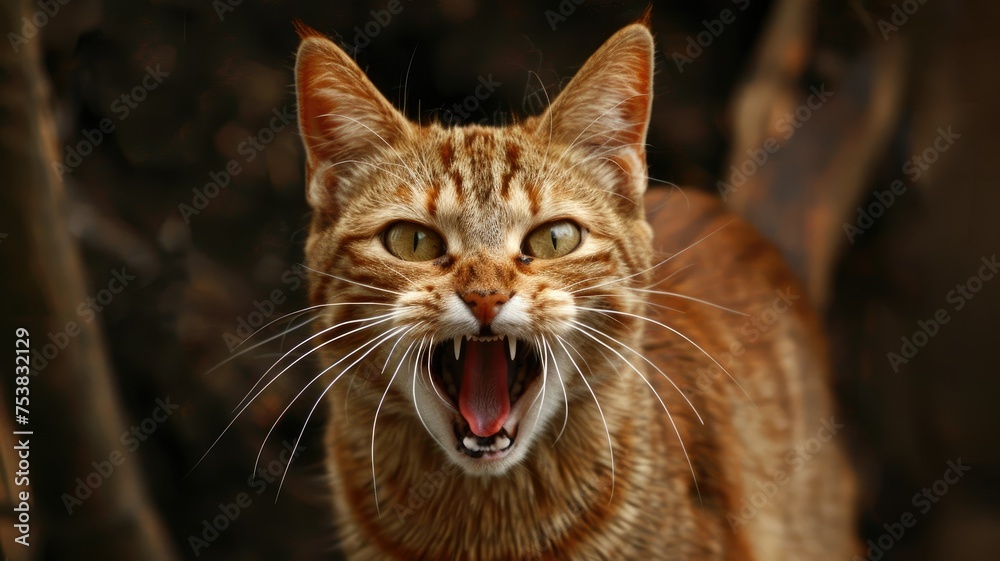 Angry tabby cat with a fierce expression - A close-up shot capturing the intense and fierce expression of a tabby cat with an emphasis on its sharp teeth and vivid eyes