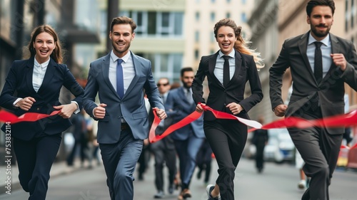 Group of businessmen in suits at running marathon competition run to finish line, concept of perfect candidate and team building work with colleagues. photo