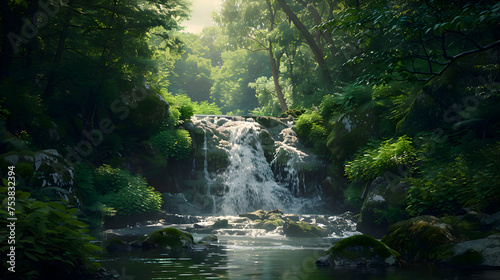 A secluded waterfall hidden deep within a verdant forest photo