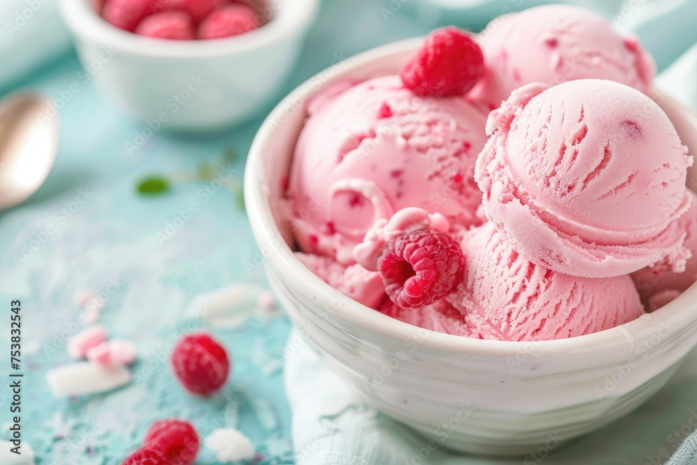 Bowl of raspberry ice cream with toppings - Delicious raspberry ice cream served in a ceramic bowl with fresh berries on light blue background Bowl of raspberry ice cream with toppings - Delicious raspberry ice cream served in a ceramic bowl with fresh berries on light blue background