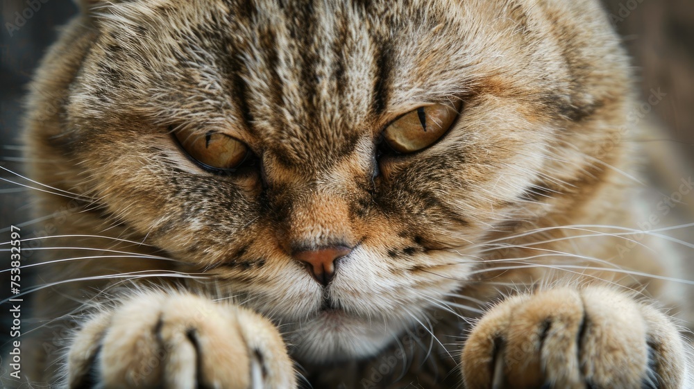 Close-up of a tabby cat's face with paws up - Detailed image capturing the intense gaze of a tabby cat with its paws up in front as if ready to play or interact Close-up of a tabby cat's face with paws up - Detailed image capturing the intense gaze of a tabby cat with its paws up in front as if ready to play or interact
