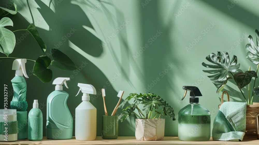 Elegant green cleaning products with houseplants A sophisticated