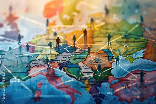 Connected figures on a colorful world map - This image shows figurines placed on a bright map, symbolizing global networking and international connections
