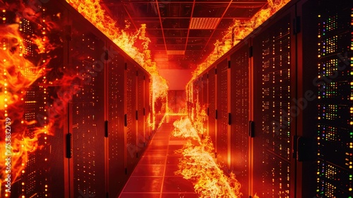 Cybersecurity threat in server data center - Fiery digital conceptual art representing cybersecurity threats and data breaches in a server data center