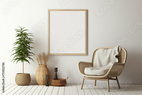 Experience the boho atmosphere of a modern living space adorned with a wicker chair, floor vases, and a blank mockup poster frame on a crisp white wall. © Hamzaa
