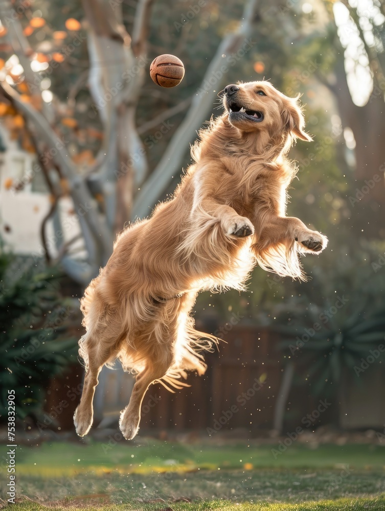 Golden retriever leaping for a ball in sunlight - The dynamic image ...