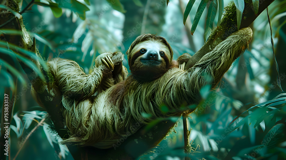 A shy sloth lounging peacefully in the canopy of a rainforest A shy sloth lounging peacefully in the canopy of a rainforest