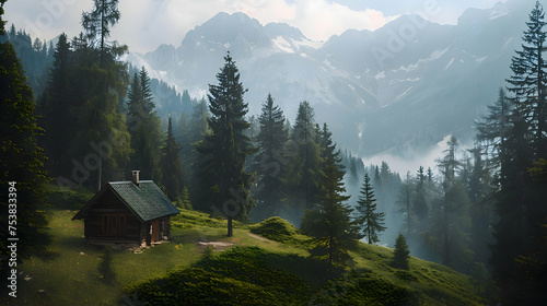 A solitary cabin nestled among towering pine trees in the mountains © Muhammad