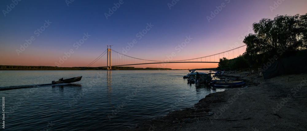 Sunset view on Danube Bridge on Braila Romania