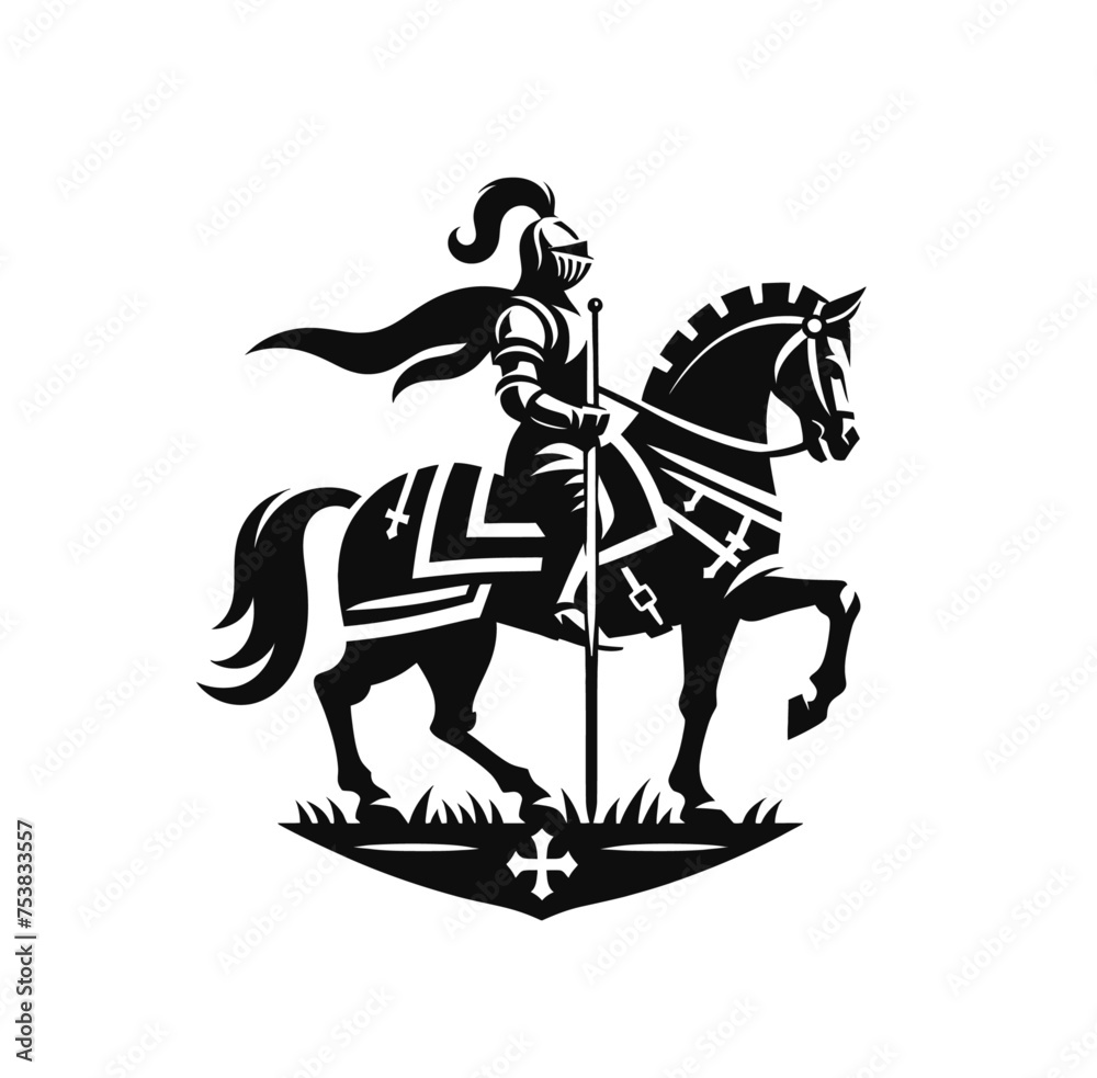 knight riding a horse. Monochrome isolated vector emblem