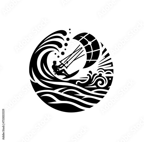 Kite surfing emblem. Monochrome isolated vector illustration