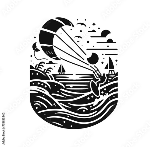 Kite surfing emblem. Monochrome isolated vector illustration