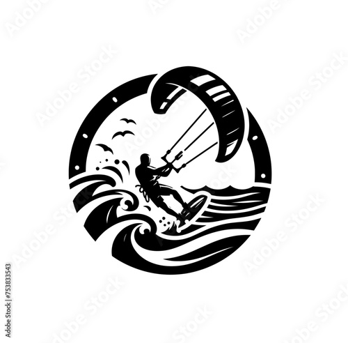 Kite surfing emblem. Monochrome isolated vector illustration