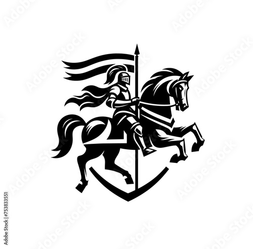 knight riding a horse. Monochrome isolated vector emblem
