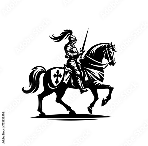 knight riding a horse. Monochrome isolated vector emblem