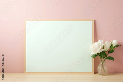 Experience the perfection of a blank frame on a soft color wall  an ideal setting for your artistic expressions.