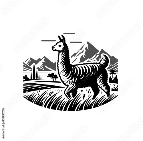 llama or alpaca in nature  monochrome vector isolated emblem illustration