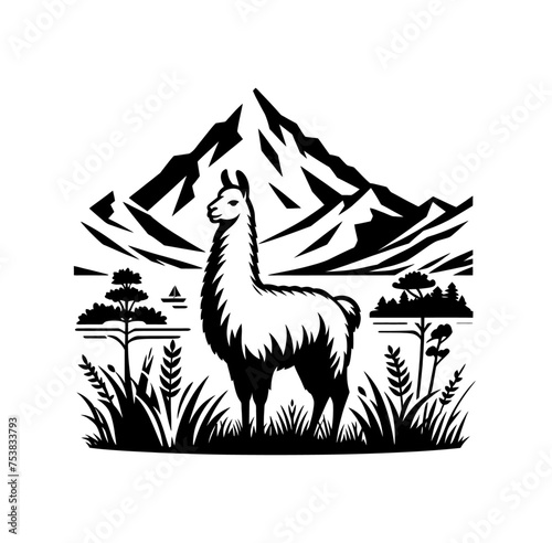 llama or alpaca in nature  monochrome vector isolated emblem illustration