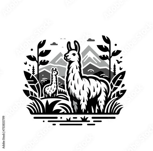 llama or alpaca in nature  monochrome vector isolated emblem illustration