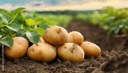 Ripe potatoes on ground in plant field