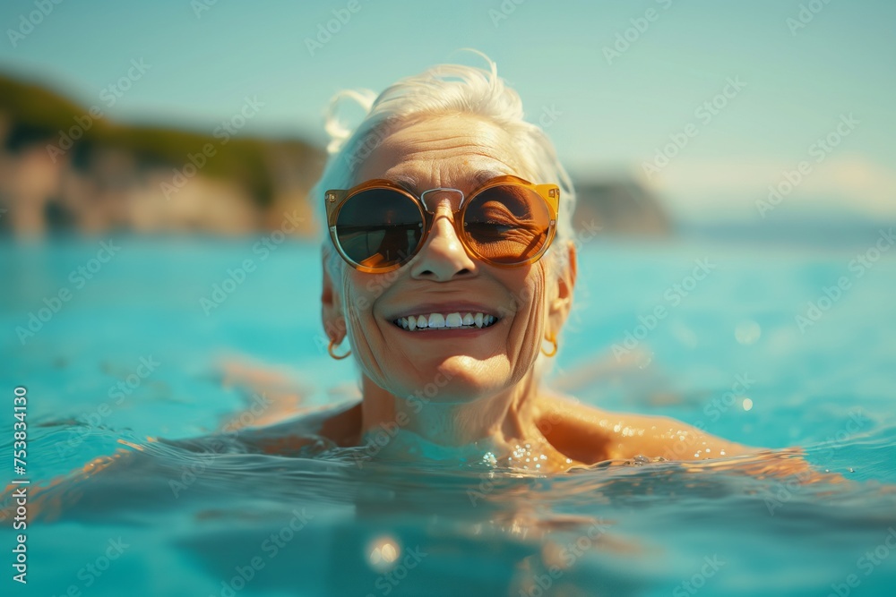 A joyful elderly woman with sunglasses happily swimming in the sea, embodying leisure and positivity