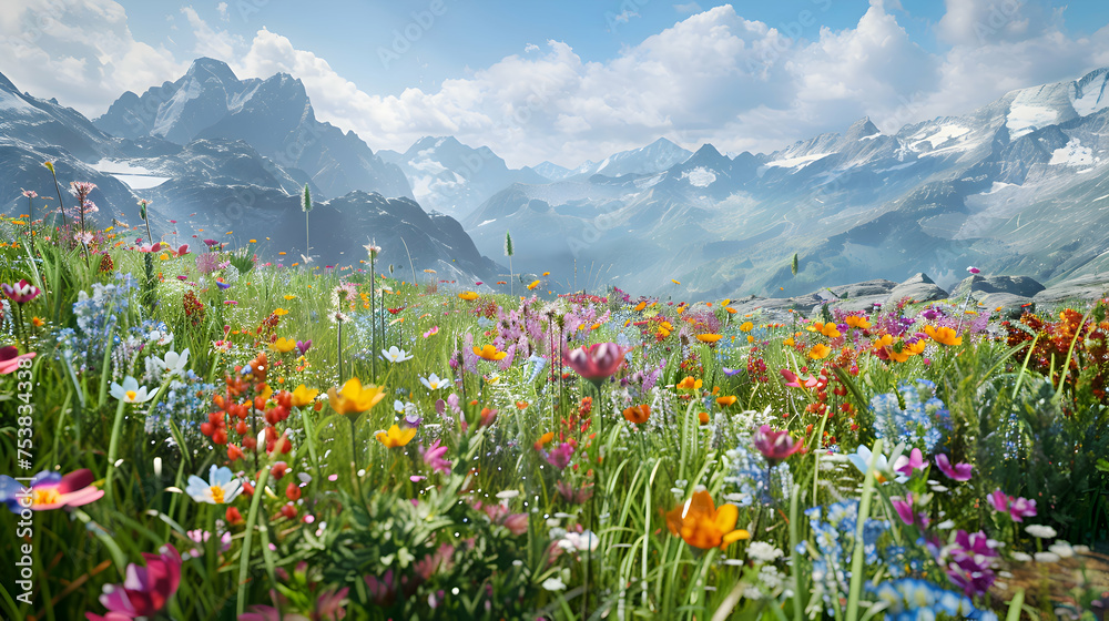 A tranquil alpine meadow carpeted with vibrant wildflowers