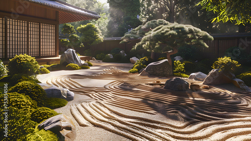 Wallpaper Mural A tranquil Japanese garden with meticulously raked sand and bonsai trees Torontodigital.ca