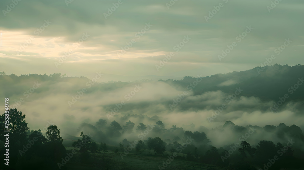 A veil of mist envelops the landscape after a humid storm - obrazy, fototapety, plakaty 