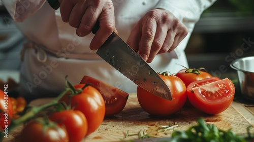 A chef slicing a ripe tomato for a salad