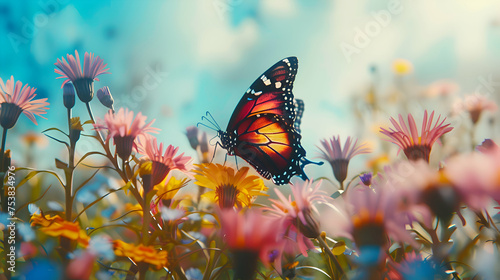 A vibrant butterfly perched on blooming wildflowers © Muhammad
