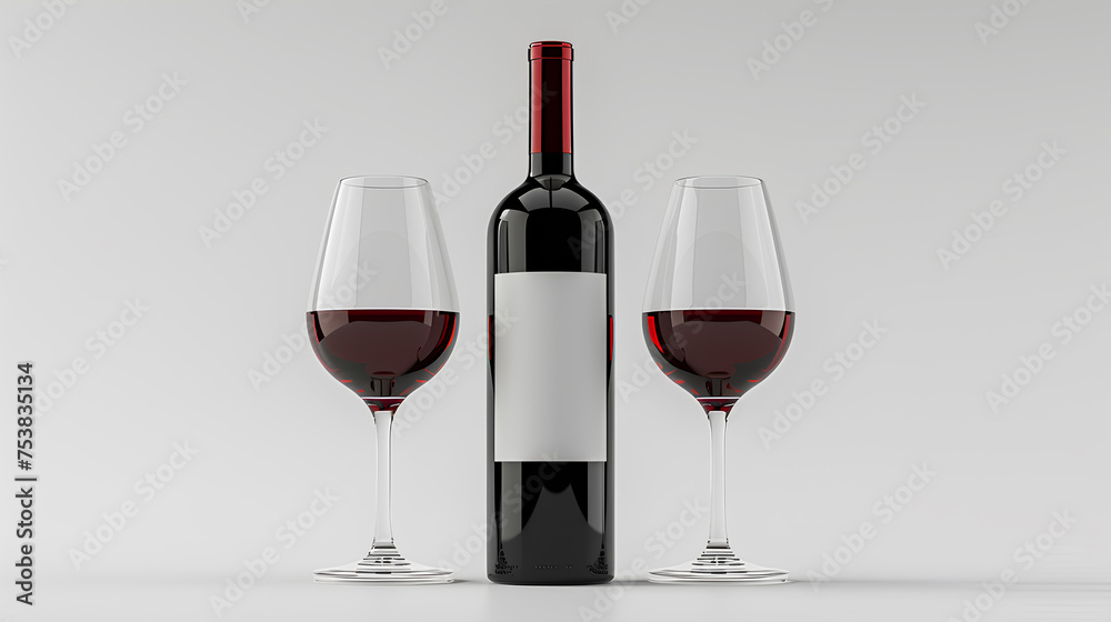 A bottle of wine and glasses isolated on a white background