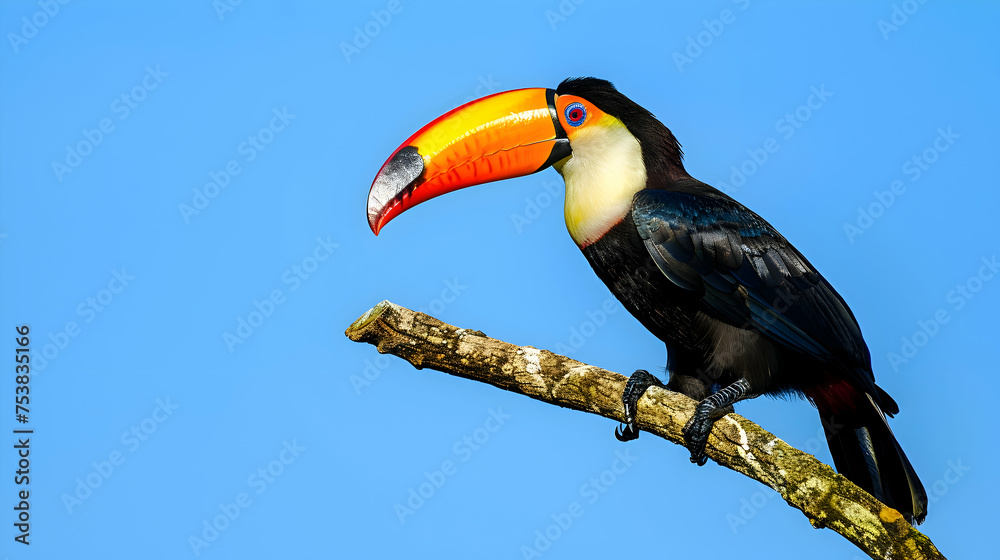 Naklejka premium A vibrant toucan perched on a branch against a clear blue sky