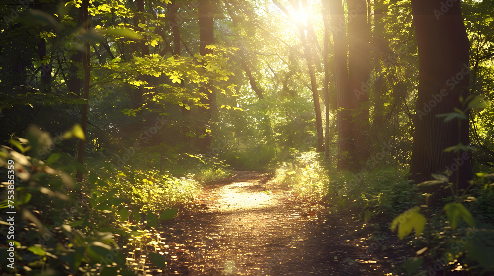 Obraz premium A winding trail disappearing into a sun-dappled woodland