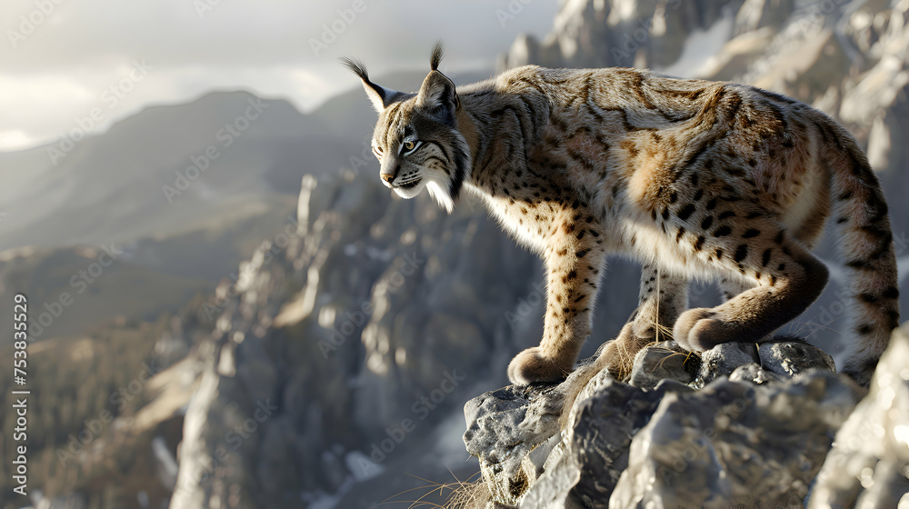 Obraz premium Agile lynx poised on rocky ledge surveying its territory