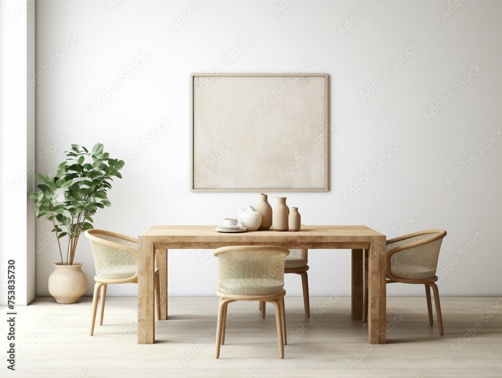 Let the boho charm envelop you in a modern living room boasting a wicker chair, floor vases, and a blank mockup poster frame against a bright white wall. Let the boho charm envelop you in a modern living room boasting a wicker chair, floor vases, and a blank mockup poster frame against a bright white wall.