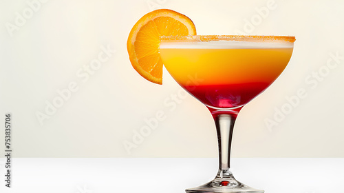A refreshing sunrise cocktail served in a glass, showcasing vibrant red and yellow liquor with a juicy orange slice perched on the rim photo