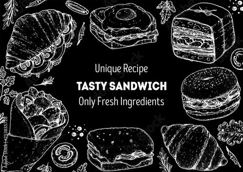 Tasty sandwich frame. Menu design template. Sandwich sketches. Unique recipe. Hand drawn vector illustration. © DiViArts