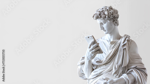 A sculpture of a man holding a smartphone isolated on a transparent background © MONWARA