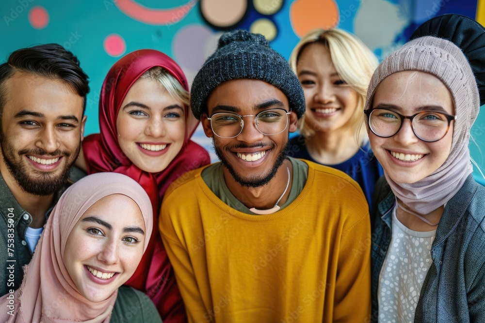Group of friends with diverse backgrounds - Diverse group of smiling friends showing unity and joy in a colorful setting