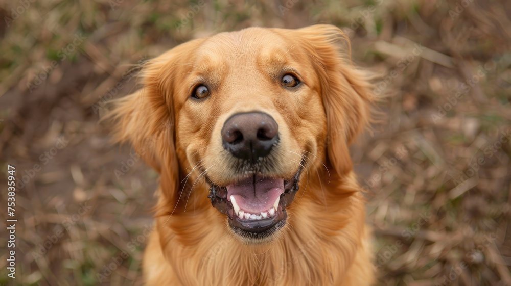 Happy Golden Retriever looking at camera - A joyful Golden Retriever dog with shiny fur looks directly at the camera with a friendly demeanor Happy Golden Retriever looking at camera - A joyful Golden Retriever dog with shiny fur looks directly at the camera with a friendly demeanor