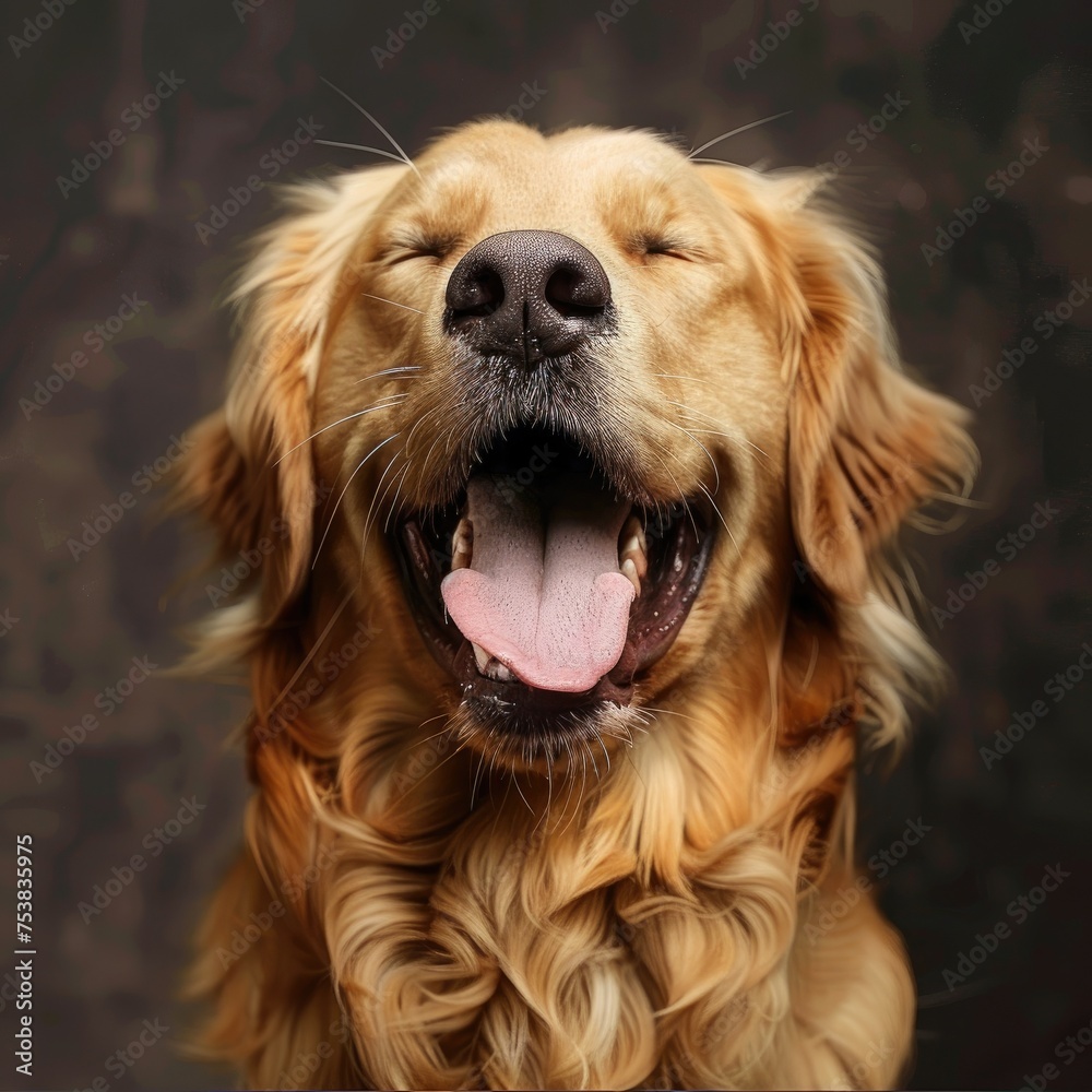 Happy golden retriever with eyes closed - A joyful golden retriever seems to be laughing or smiling, evoking emotions of happiness and contentment