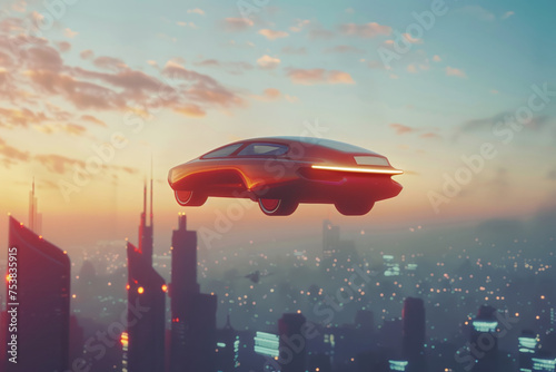Electric car in the sky above the city  new future flying cars