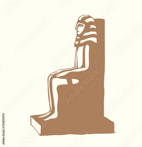 Vector drawing. Egyptian male statue. Pharaoh on the throne