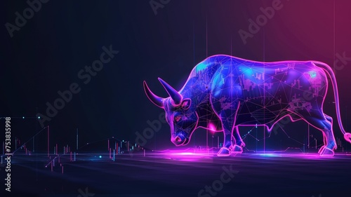 Illuminated bull over stock market charts - A neon bull stands over glowing stock market charts, a powerful representation of financial optimism and market confidence