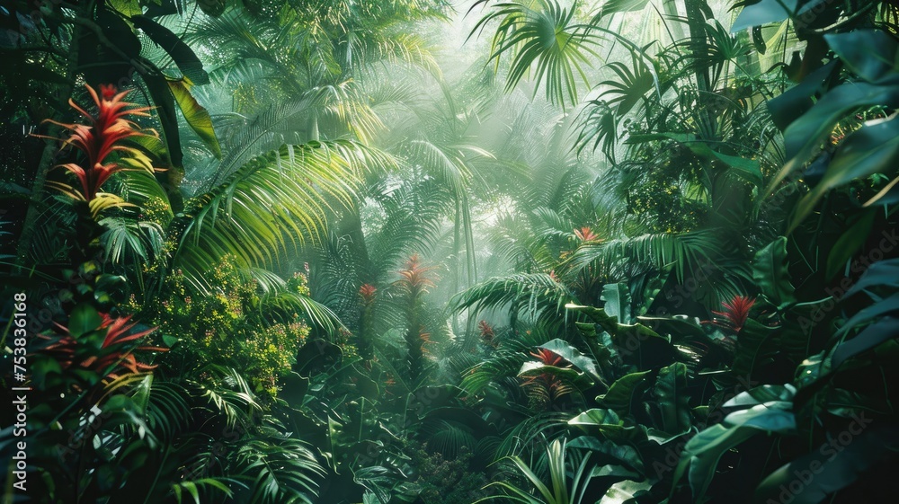 Mystical jungle scene with fog and tropical plants - A serene, otherworldly depiction of a dense jungle with fog that emphasizes the mystery of nature