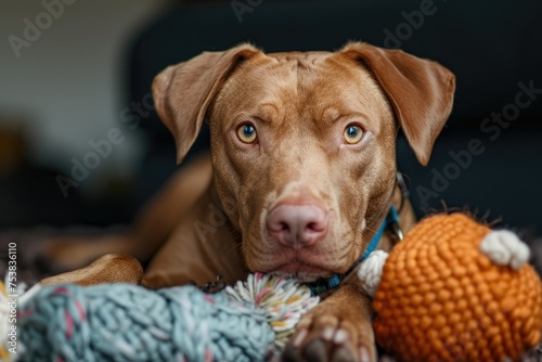 Lying dog with a toy looking at camera - Deep gaze of a lying dog holding its toy, invoking feelings of playfulness and loyalty